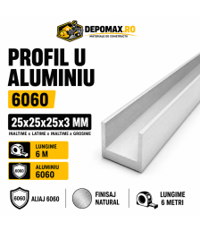 Profil U aluminiu 25 x 25 x 25 x 3 mm, 6 metri